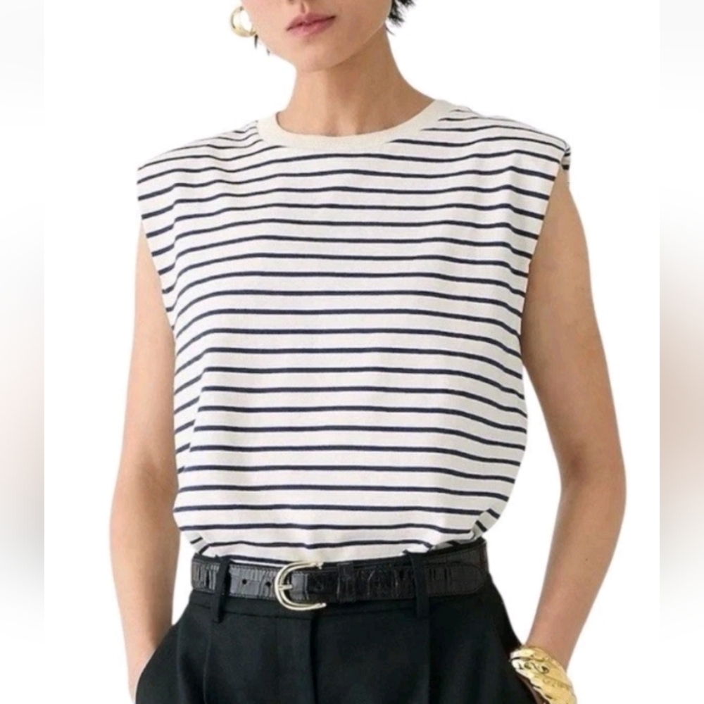 J Crew Structured Muscle Tee Shirt Womens Small White Blue Stripe Mariner Cotton